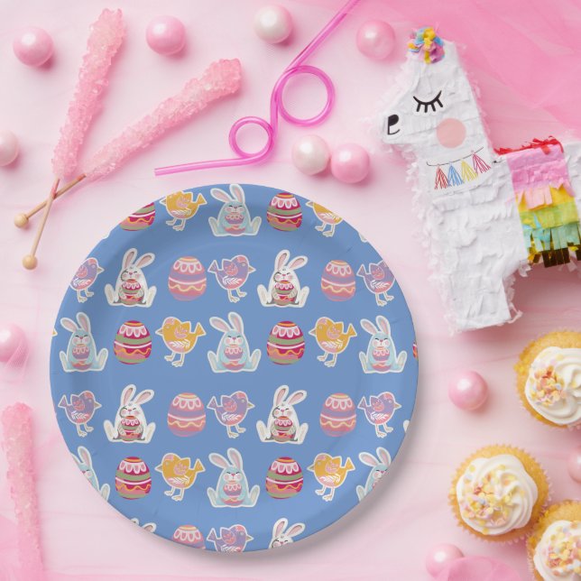 Prato De Papel Páscoa Padrão Cinza Azul Placas de Papel (Festa)