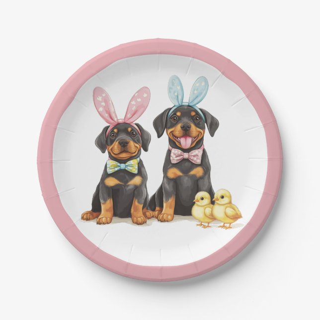 Prato De Papel Páscoa Rottweiler Cães Coelhinhos (Frente)