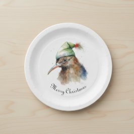 Prato De Papel Passarinho Kiwi Fofo com Chapéu de Elfo de Natal,