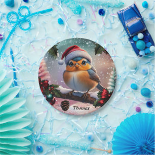 Prato De Papel Pássaro de Natal bonito sentado num galho