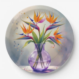 Prato De Papel Pássaro do Buquê da Flor do Paraíso na Aquarela