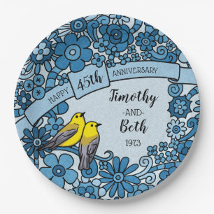 Prato De Papel Pássaro Floral Sapphire Personalizado 45 anos