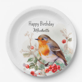 Prato De Papel Pássaros Antigos Robin Redbreast Feliz Aniversário