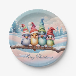 Prato De Papel Pássaros bonitos de fantasia com chapéus de Natal.