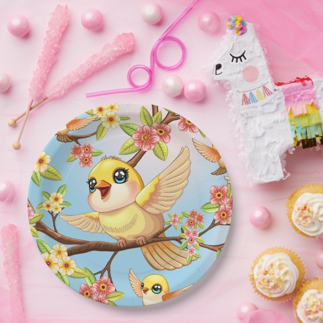 Prato De Papel Pássaros bonitos e felizes entre as flores da prim (Festa)