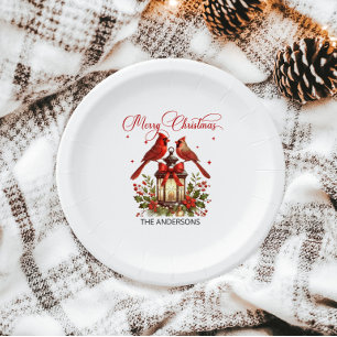 Prato De Papel Pássaros Cardinal em Lanterna de Natal em Aquarela