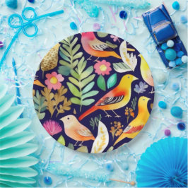 Prato De Papel Pássaros coloridos padrão floral decor azul