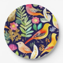 Pássaros coloridos padrão floral decor azul