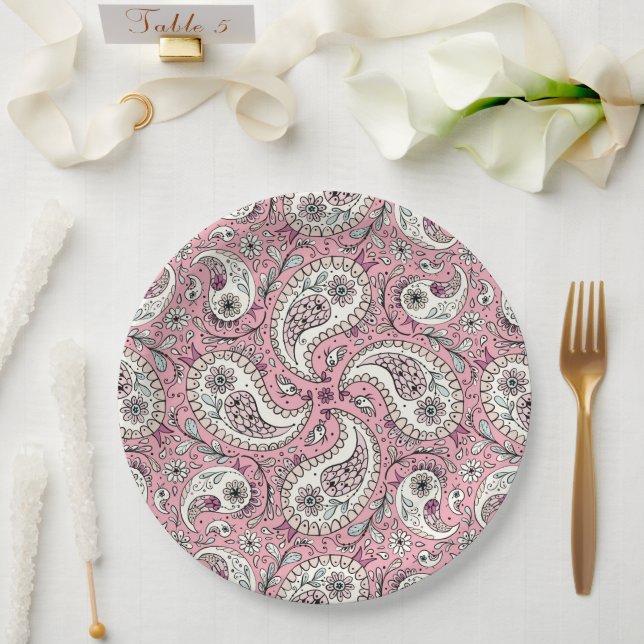 Prato De Papel Pássaros da Paisley em rosa-bebê (Casamento)