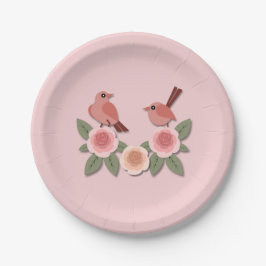Prato De Papel Pássaros e Rosas de flores, cor-de-rosa,