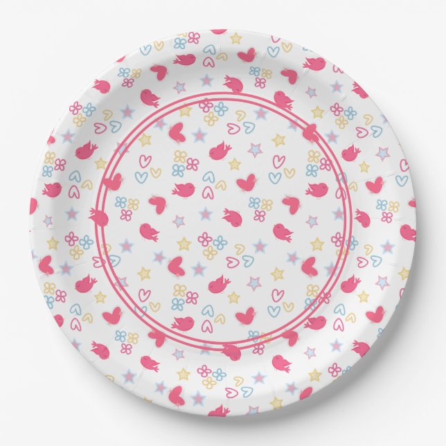 Prato De Papel Pássaros Rosa e Corações de Amor (Frente)