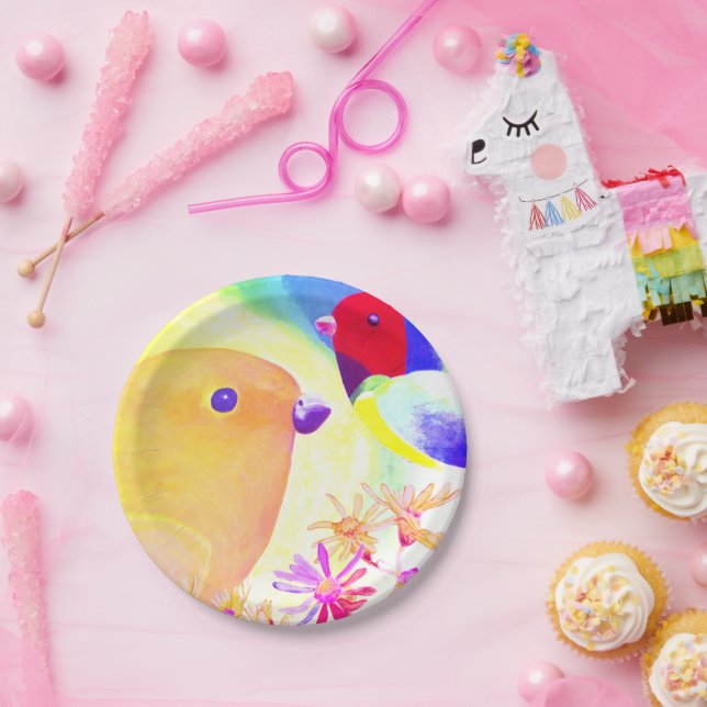 Prato De Papel Pássaros Vibrantes de Tinta Tie-Dye (Festa)