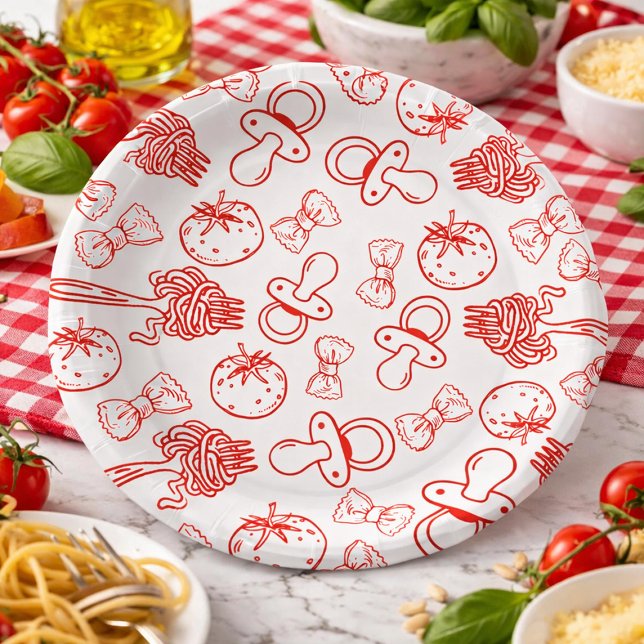 Prato De Papel Pasta & Pacifiers Hand Drawn Italian Baby Shower (Pasta & Pacifiers Hand Drawn Italian Baby Shower Paper Plates)