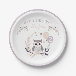 Prato De Papel Pastel Boho Baby Owl e Balões Aniversário