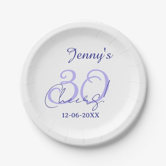Prato De Papel Pastel cheers 30th birthday purple elegant name da (Frente)
