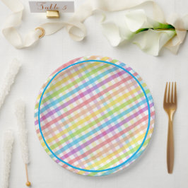 Prato De Papel Pastel Gingham Rainbow Baby Shower Blue