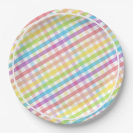 Prato De Papel Pastel Gingham Rainbow Baby Shower White