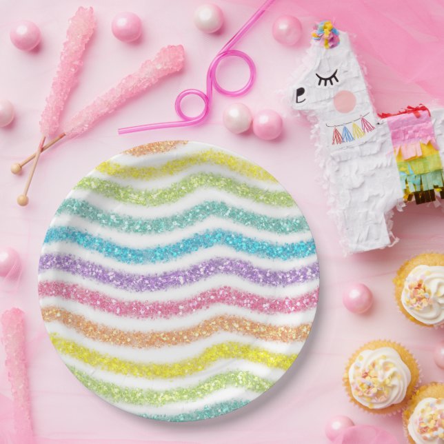 Prato De Papel Pastel Glitter Rainbow (Festa)