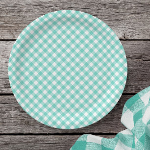 Prato De Papel Pastel Mint Turquoise Gingham