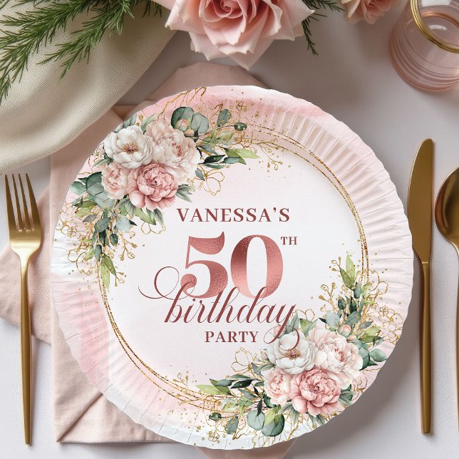 Prato De Papel Pastel Pink Rose Gold Blush Flowers 50th Birthday  (Pastel Pink Rose Gold Blush Flowers 50th Birthday Paper Plates

)