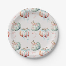 Pastel Pumpkin and Bows Gender Reveal Paper Plate