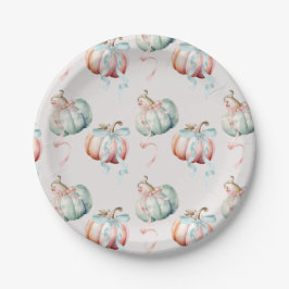 Prato De Papel Pastel Pumpkin and Bows Gender Reveal Paper Plate