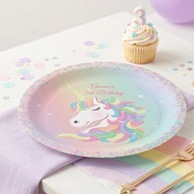 Prato De Papel Pastel Rainbow Sparkle Magical Unicorn Birthday  (Criador carregado)