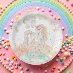 Prato De Papel Pastel Unicorn Rainbow Birthday