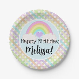 Prato De Papel Pastel Watercolor Rainbow Gingham Feliz Aniversári