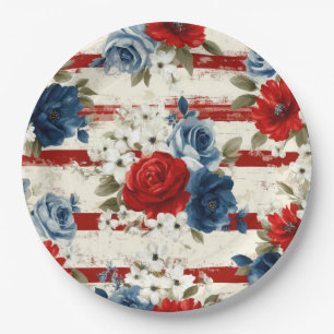 Prato De Papel Pátrio Vermelho Azul Branco Floral (2)