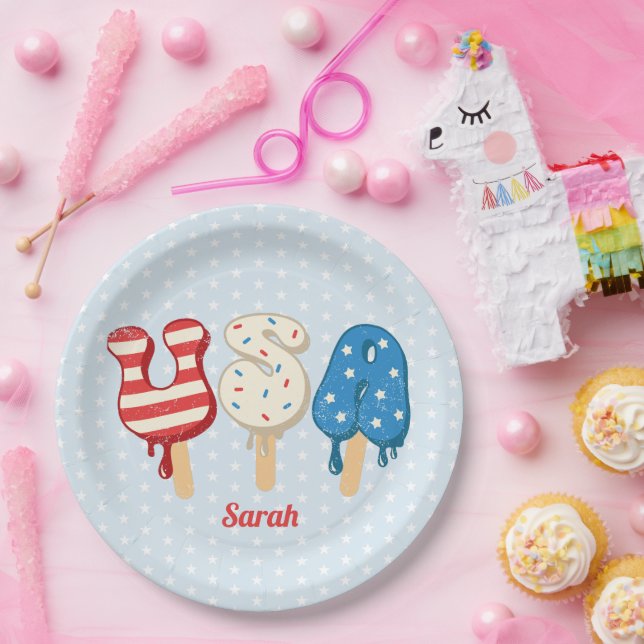 Prato De Papel Patriótico USA Love Popsicle  (Festa)