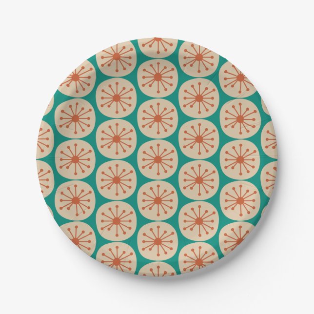 Prato De Papel Patterno de Mod do Retro Pontos Atômicos Turquesa  (Frente)