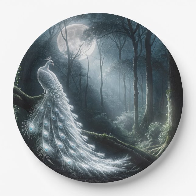 Prato De Papel Pavão Branco na Floresta ao Luar (Frente)