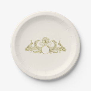 Prato De Papel Pavões Vintage Monograma Dourado Falso Marfim BG
