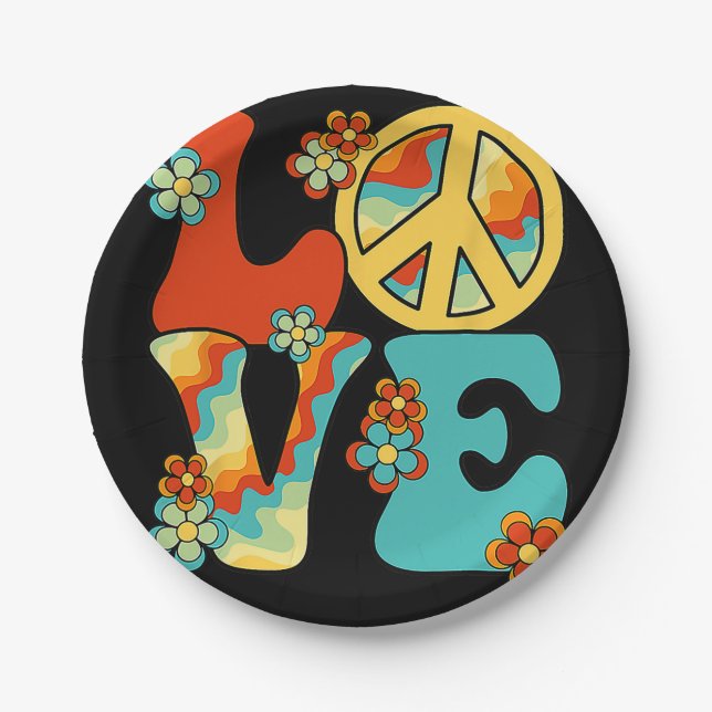 Prato De Papel PEACE SIGN LOVE 60s 70s Tie Dye Hippie Halloween C (Frente)