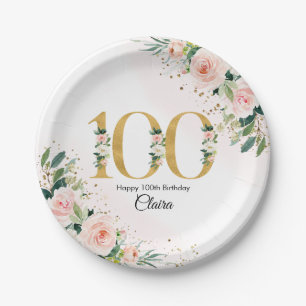 Prato De Papel Peach Floral 100th Birthday Paper Plates