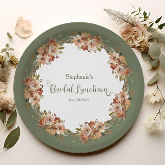 Prato De Papel Peach Floral Wreath Sage Green Bridal Luncheon