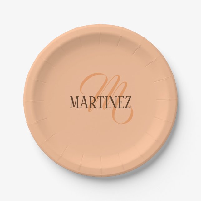 Prato De Papel Peach Fuzz Elegante Personalizado Nome (Frente)