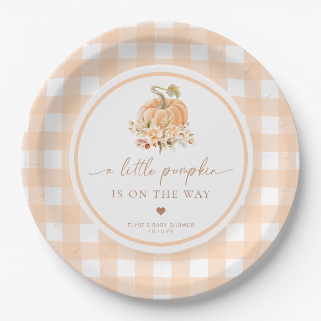 Prato De Papel Peach Gingham Fall Pumpkin Pop Quando Ela Pop (Frente)