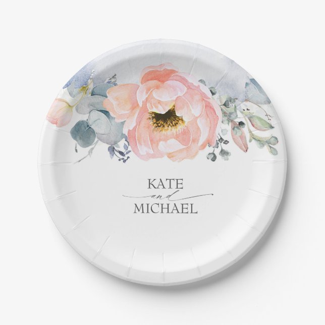Prato De Papel Peach Watercolor Flowers Dusty Blue Casamento (Frente)