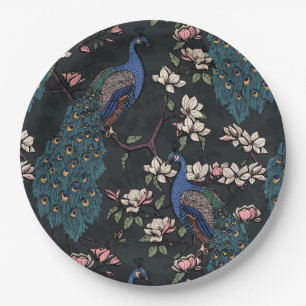 Prato De Papel Peacocks Elegantes e Flores de Magnolia Pretos