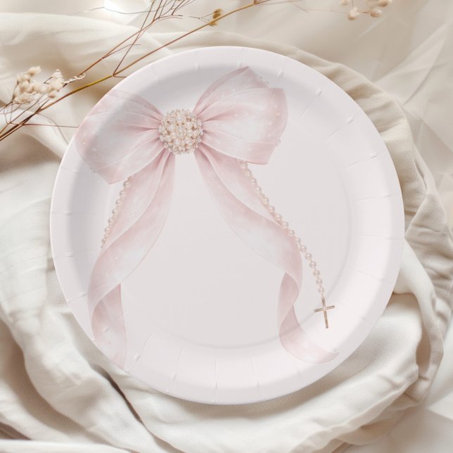 Prato De Papel Pearl Blush Pink Bow Gold Cross Baptism (Criador carregado)