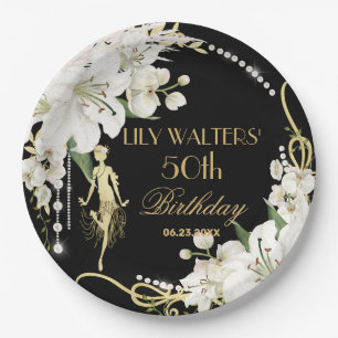 Prato De Papel Pearls White Floral Art Deco Gatsby 20s Aniversári