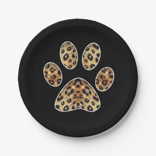 Prato De Papel Pegada com Brilho de Leopardo Dourado e Preto 