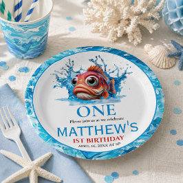 Prato De Papel Peixe Azul Água Fofo Aniversário de 1 ano