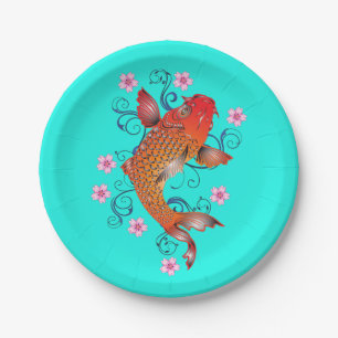 Prato De Papel Peixe koi oriental laranja turquesa floral elegant
