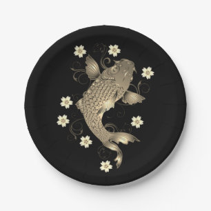 Prato De Papel Peixe koi oriental preto e dourado floral elegante