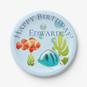Prato De Papel Peixes Coloridos com Bolhas e Algas Marinhas