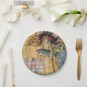 Prato De Papel Peixes Mulher Vintage Gótico Clássico 