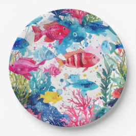 Prato De Papel Peixes Tropicais Vibrantes Padrão de Vida Marinha